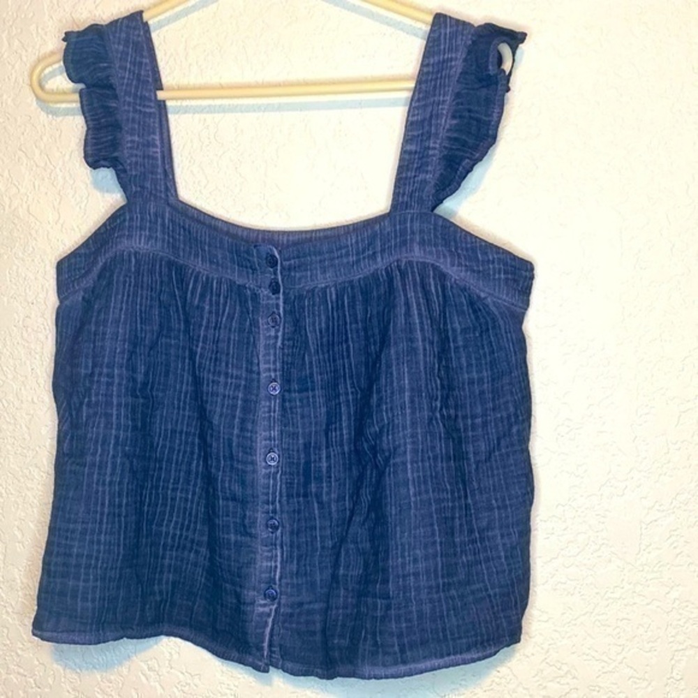 TRUE craft originals,  navy may wovens tank top button down front ruffle sleeve
